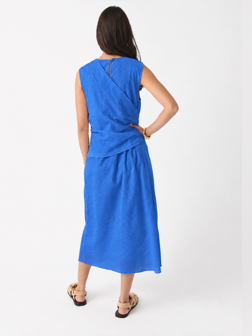 FRAME Ruched Sleeveless Cotton Midi Dress Size Medium Coastal Blue Draped Waist - Picture 3 of 11